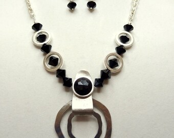 Handmade Necklace and Earring Set. Silver Tone Metal. Geometric. Repurposed Vintage Earring. Black Glass Beads.