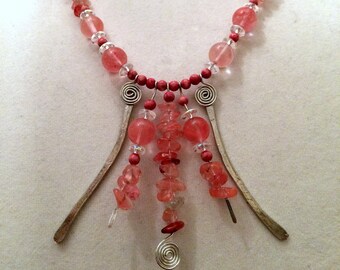 Handmade Necklace and Earring Set. Pretty in Pink. Cherry Quartz Glass Beads and Chips. Vintage Stone Beads. Hand Formed Spirals.