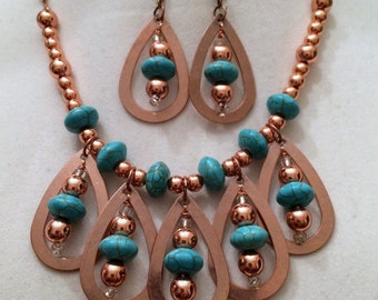 Aztec Teardrops. Handmade Necklace and Earring Set. Copper Beads and Reconstituted Turquoise Beads.