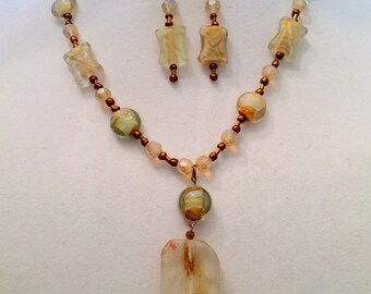 Handmade Necklace and Earring Set. Simulated Tigerskin Glass. Lampwork Glass. Pale Yellow Ocher. Bronze.