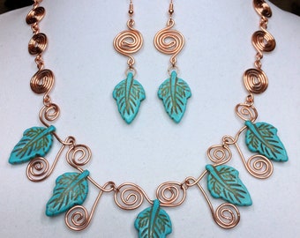 Alluring Handmade Necklace and Earring Set. Hand Formed Copper Wire Curls and Swirls. Turquoise dyed Howlite.