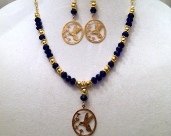 Graceful Hummingbirds in Gold Tone Metal. Handmade Necklace and Earring Set. Cobalt Glass Beads. Gold Plated/Tone Beads.