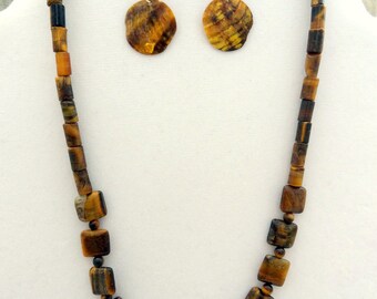 Handmade Necklace and Earring Set. Tiger Eye Beads and Shell Beads. Magnetic Clasp.