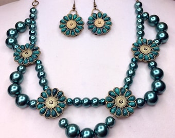 Handmade Necklace and Earring Set, Teal Glass Pearls and Teal Enameled Flowers