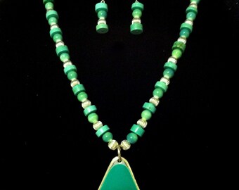 Tasteful. Handmade Necklace and Earring Set. Triangle Pendant. Enamel Sea Green. Celadon Glass and Howlite and Silver Plated Beads