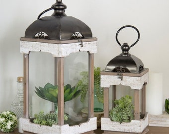 Ornamental Large Rings Adorn Top Metal/Wood Lantern