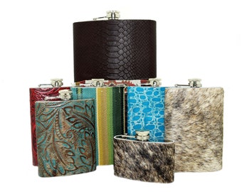 Stainless Steel Flask Available in Five Sizes!  Leather Embossed or Hair on Hide. Snow’s Shack Exclusive!