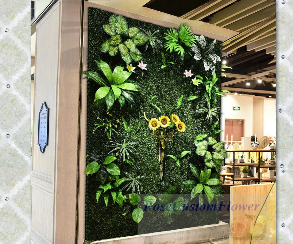 Mixed Green Leaves Plant Wall with Pink Flowers Artificial 3D Etsy