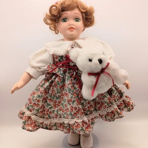 Vintage Anco Porcelain Doll with Teddy Bear, Includes Stand - 12&quot; Collectible, Hand-Painted Face, Victorian Style Dress, Unique Gift