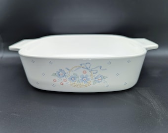 Vintage CorningWare Country Cornflower 1 Liter Casserole Dish A-1-B | Blue Ribbon Flower Basket 1 Quart Square Baking Dish, Retro 1980s