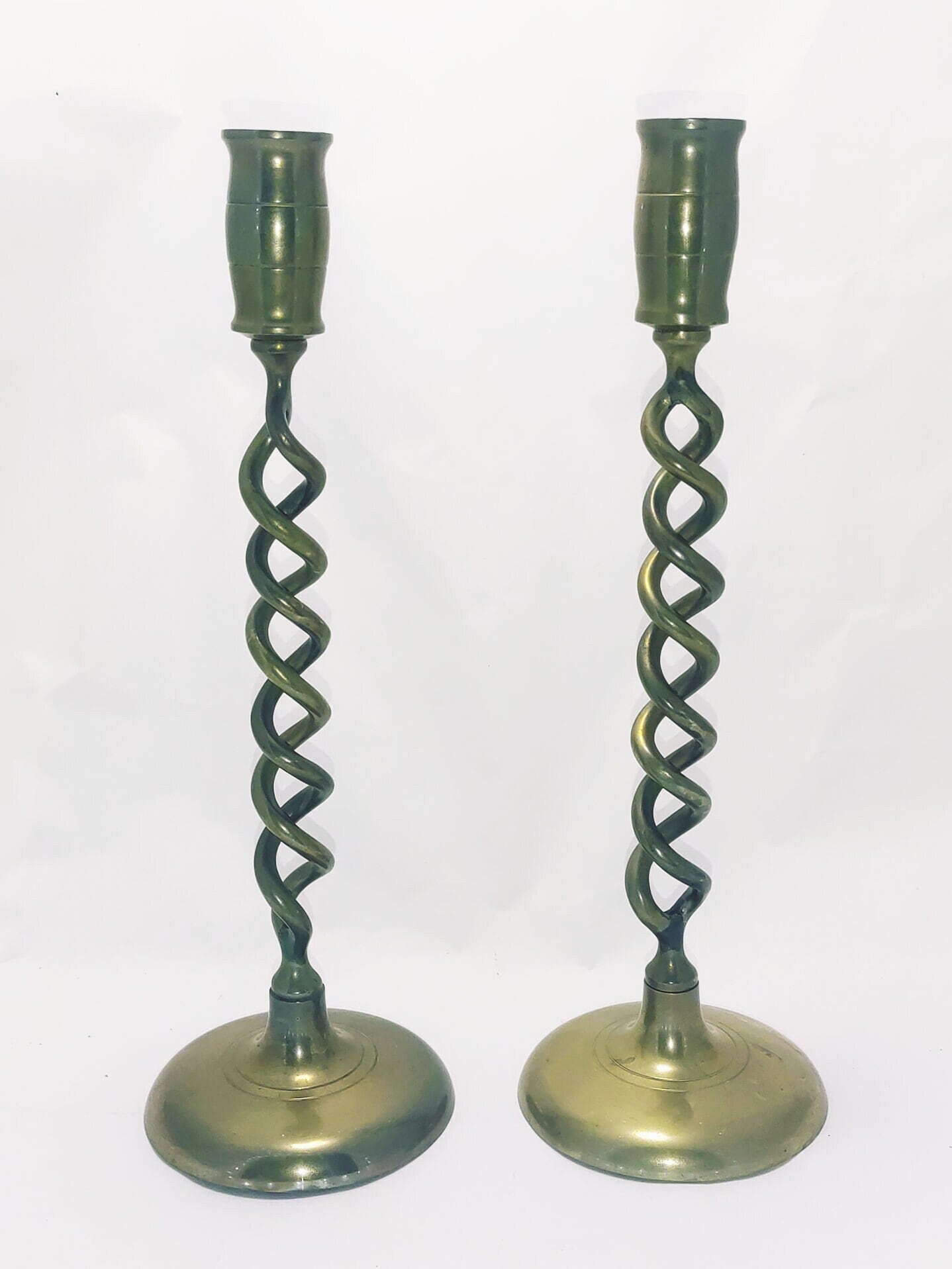 Victorian Solid Brass Barley Twist Candlesticks, Circa 1880-1900