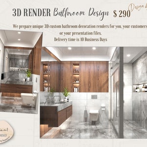 May include: A 3D render of a modern bathroom design. The design features a wooden vanity with a marble countertop, a white toilet, and a glass shower. The text reads "3D RENDER Bathroom Design" and "Instant DOWNLOAD".