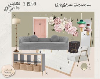 Soft Color Living Room E-Design Mood Board (PDF)