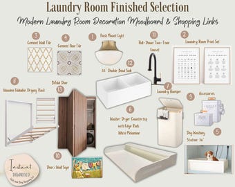 Laundry Room E-Design Mood Board: Stylish Decor & Furniture Shopping List (PDF Download