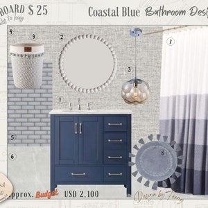 Blue Coastal Bathroom Decoration, Affordable Interior Design, Home Decor, Dorm Decor, Virtual Furniture Shopping, Interior Design, Styling