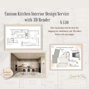 Pode incluir: Um exemplo de serviço de design de interiores de cozinha com renderização 3D. O design inclui um plano de planta, um quadro de humor e uma lista de compras. O serviço custa $ 530. O texto "Design by Ferng" está no canto inferior direito.