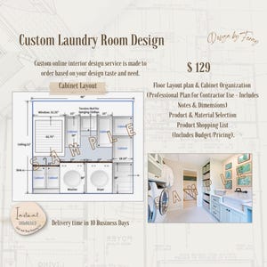 Puede incluir: Un plano digital para un servicio de diseño de lavadero. El plano incluye una distribución de armarios con dimensiones en pulgadas. El texto "Custom Laundry Room Design" y "$ 129" es visible. El plano incluye una lista de compras de productos, un presupuesto y notas para contratistas.