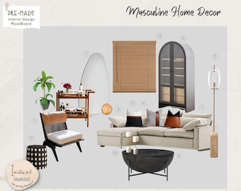 Black & Brown Living Room Interior Design Mood Board (Digital Download)