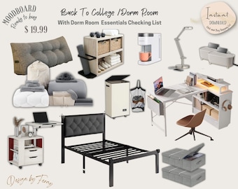 Dorm Room Essentials Mood Board: College Dorm Life Checklist (Digital Download)