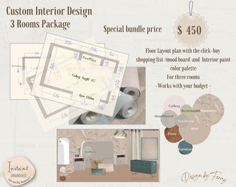 Custom E-Design Mood Board: 3 Rooms Interior Design (Digital Download)