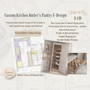 Op de afbeelding: Een op maat gemaakte keukenpantry-ontwerpservice voor $ 119. Het ontwerp omvat een plattegrond, de organisatie van kasten, de selectie van producten en materialen, en een boodschappenlijst met budgetprijzen. De afbeelding toont een plattegrond, een 3D-weergave van een pantry en een close-up van een lade met verdelers.