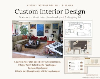 Custom Interior Design, One Room E-Design, Mood Board, Furniture Layout & Shopping List by Interior Designer  - PDF Download