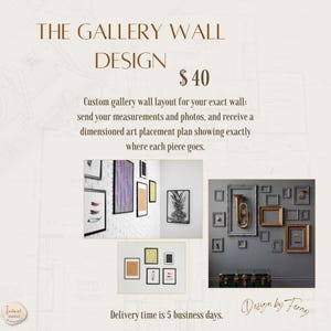 May include: A digital graphic titled THE GALLERY WALL DESIGN featuring text about a custom art placement plan. It displays three example images of framed artwork arrangements on walls, including a brass instrument inside a frame on a gray wall.