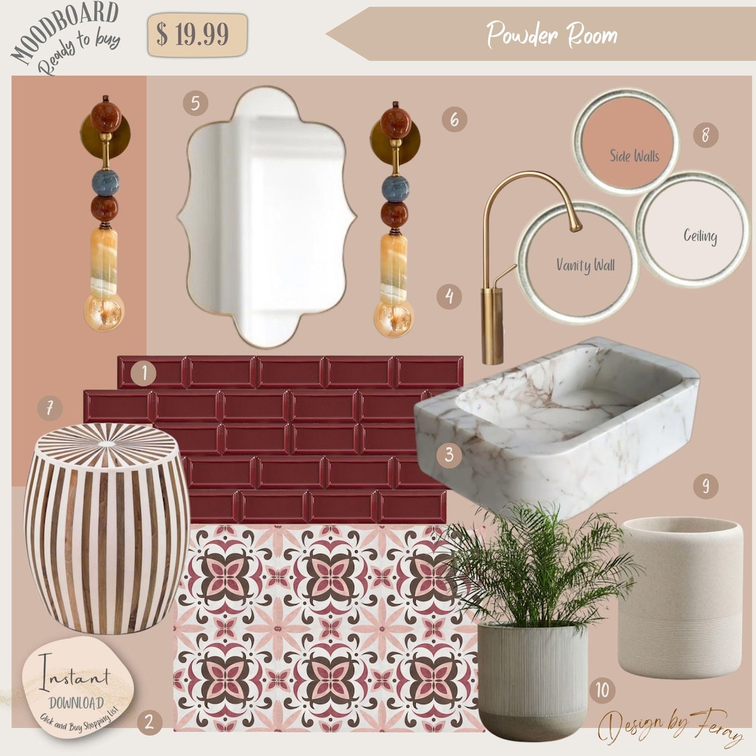 Powder Room Mood Board Design: Online Interior Decor (PDF Download - Etsy