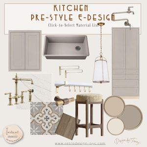 May include: A kitchen design mood board featuring a range of elements. Includes cabinets, a sink, faucet, lighting, and a stool. The text "KITCHEN PRE-STYLE E-DESIGN" is displayed. The website address is www.retrodesign-nyc.com.