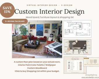 3 Room Interior Design Package, Custom E-Design, Mood Boards, Furniture Layouts & Shopping Lists, Save 15%