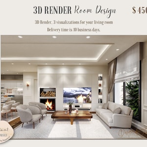 Peut inclure: Rendu 3D d'une conception de salon avec une cheminée, une grande télévision et un canapé blanc. Le texte "3D RENDER Room Design" et "$ 450" est visible sur l'image.