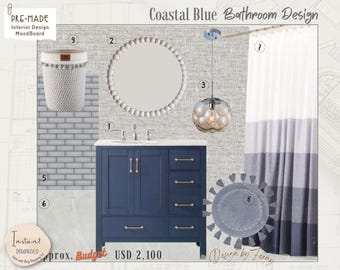 Blue Coastal Bathroom Design Mood Board: Virtual Interior Styling (PDF)
