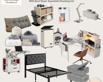 Dorm Room Essentials Mood Board: College Dorm Life Checklist (Digital Download)