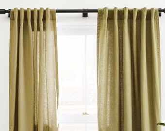 Cortinas de lino de oliva oscuro, cortinas de ventana, pestaña trasera de cortina boho, decoración boho de sala de estar, cortina larga 2 paneles cortinas de granja sólidas
