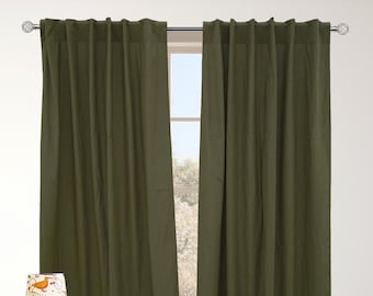 Handmade Olive Green Cotton Curtain Set: Bohemian Rod Pocket Panels