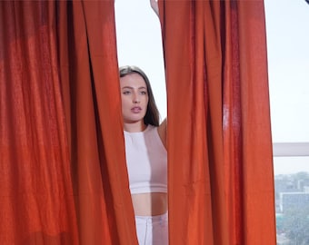 Burnt Orange Cotton Curtain Set: Stonewashed Window Drape