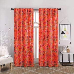 Orange Floral Print Velvet Curtains: Boho Style, Custom Length