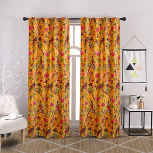 Yellow Bird Print Velvet Curtains: Boho Chic Window Panels