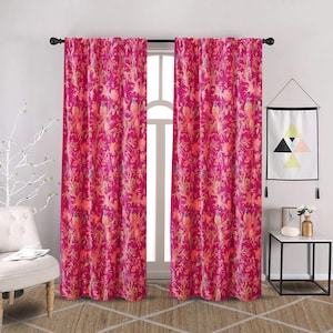 Cortina de terciopelo rosa con estampado de pájaros: Boho Cotton Drapes