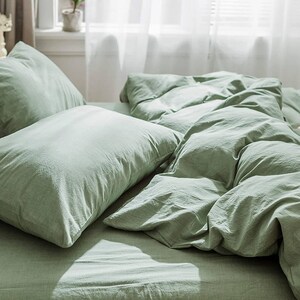 Sage Green Washed Linen Bedding Set Sage Green Duvet Cover Queen ...