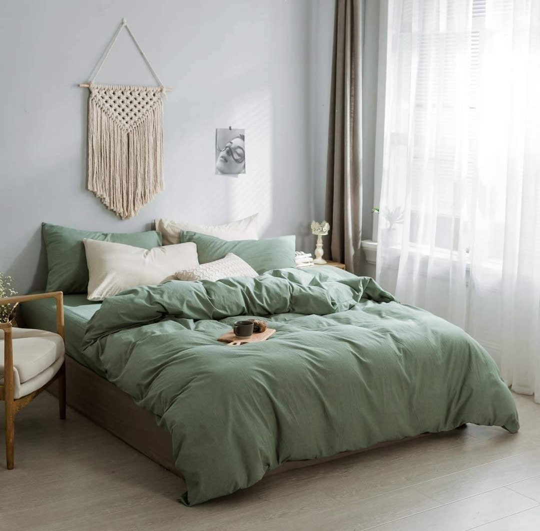 Sage Green Washed Linen Bedding Set Sage Green Duvet Cover Queen