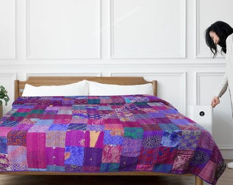 Handmade Indian Sari Patchwork Kantha King Size Blanket