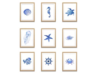 Conjunto de 9 impresiones de vida marina, tema marino, arte de pared descargable azul marino, cangrejo de acuarela, conchas, caballito de mar, pulpo, criaturas marinas, póster