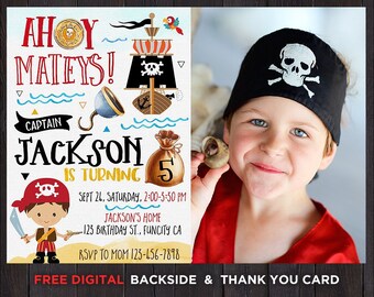 Pirate Birthday Invitation Boy Photo Picture Treasure Map Invite Printable Party Thank You Card Digital or Printed Invites