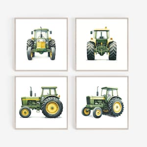 Impresiones vintage de tractor para guardería, decoración para habitación de niño, arte de pared, juego de lienzo enmarcado, póster para sala de juegos de acuarela, juego de 4 arte de pared para dormitorio infantil