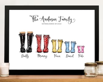 Wellie Boot Print Fathers Birthday Gift for Mum Personalized Family Print Framed Canvas Gift for Dad Mom Parents Fathers Day Gift