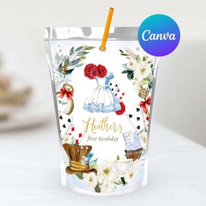 Alice in Wonderland First Birthday Girl Capri Sun Labels Editable Template Alice Onederland Tea Party Juice Pouch Labels Digital Printable