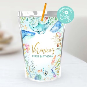 Ozean Erster Geburtstag Capri Sonne Etiketten Mädchen Bearbeitbare Vorlage Unter dem Meer Ozean Leben Tiere Party Saft Beutel Etiketten Digital bedruckbar