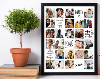 Puede incluir: Collage de fotos enmarcado en negro con 25 imágenes de una familia. El collage incluye fotos de niños, adultos y un perro. El texto "FAMILY", "LOVE", "enjoy every moment", "collect moments not things" y "XOXO" está escrito en el collage.