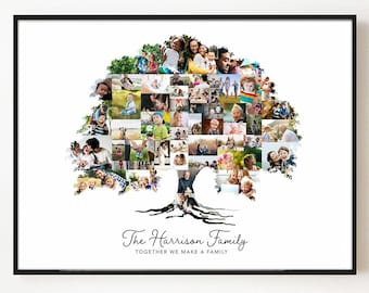 May include: A black framed photo collage of a family tree with multiple photos of a family. The text "The Harrison Family" and "Together we make a family" is printed below the collage.